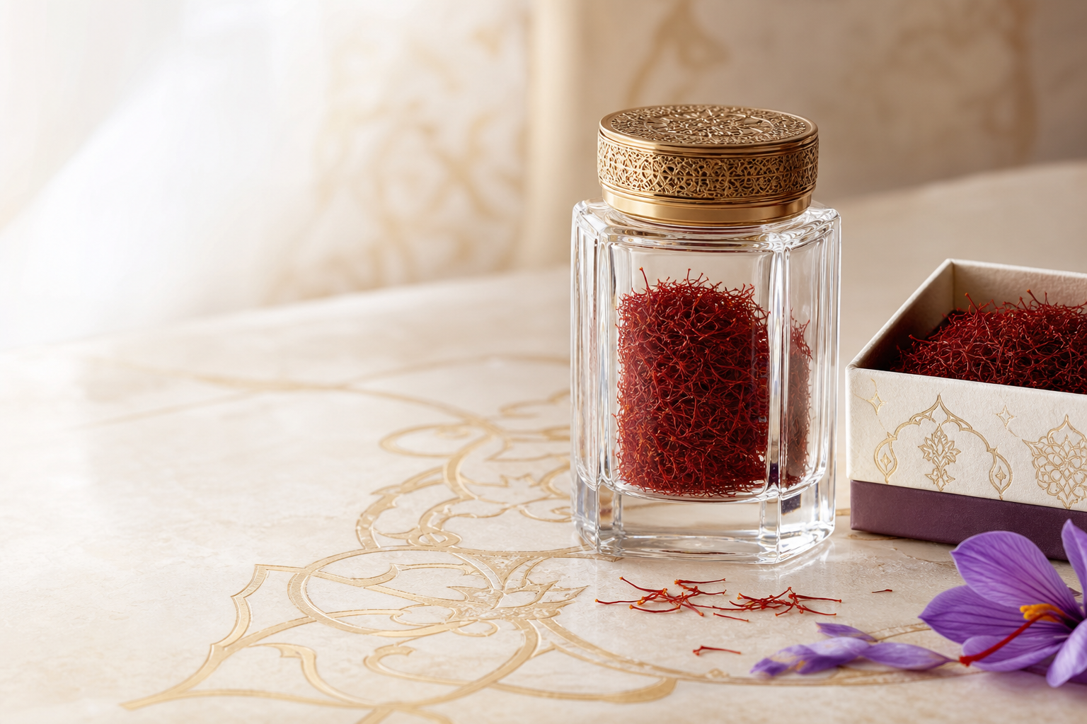 Premium saffron jar and gift packaging with crocus petals